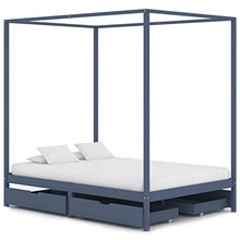 Tidyard Struttura Telaio Letto Giroletto Matrimoniale in Legno Massello di Pino Grugio con 4 Cassetti e Baldacchino 140x200 cm,Letto con Cassetti,Letto con Tetto,Letto con Baldacchino