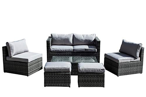AVANTI TRENDSTORE - Matera - Set di mobili da Giardino a 6 Pezzi, in polirattan Grigio e Vetro Trasparente, con i Cuscini Grigi Inclusi, Dimensioni Complete Lap ca. 315x74x225 cm