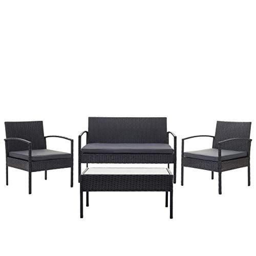 Mendler Salottino da Esterno Giardino HWC-F56 polyrattan - Nero con Cuscini Antracite