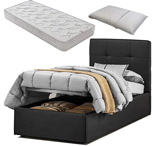SARDAMATERASSI Letto singolo con box contenitore similpelle nero dark elegante e moderno + materasso memory altezza 20 cm + guanciale omaggio