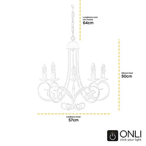 ONLI Pompei - Lampadario 5 luci, stile classico ed elegante. Struttura in metallo. Bianco