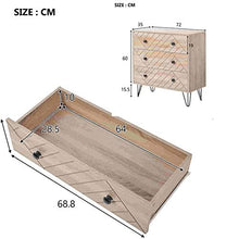 Comodino con 3 cassetti con maniglie in metallo e corridori, unico pannello posteriore e design unico a zig zag