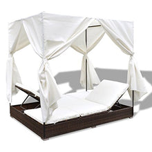Festnight Lettino Prendisole Letto Matrimoniale Prendisole Reclinabile a Baldacchino con Tende in Polirattan Marrone/Nero da Mare/Picsina/Giardino/Patio per Esterni 197 x 140 x 180 cm