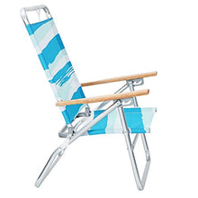 SONGMICS Sedia da Spiaggia Portatile con Schienale Alto e Reclinabile in 3 Posizioni, Spiaggina Pieghevole con Braccioli in Legno, Portata 150 kg, Strisce Blu Verdi e Bianche GCB66UW