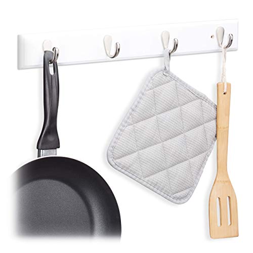 Relaxdays 10022776_58 Ganci Appendiabiti Metallo Attaccapanni a Muro Bambù Design Sobrio Portasciugamani HLP 6x48,5x5cm Bianco