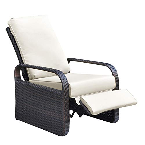 Sedia reclinabile per esterni in vimini con cuscini, mobili da patio regolabile in rattan, resistente ai raggi UV, all'acqua, al sudore, alla ruggine, facile da montare (marrone + beige)