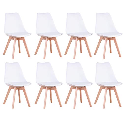 BenyLed Set di 8 Sedie da Pranzo con Seduta Imbottita e Gambe in Legno di Faggio, Ideali per Sala da Pranzo, Cucina, Soggiorno, Camera da Letto, Colore: Bianco