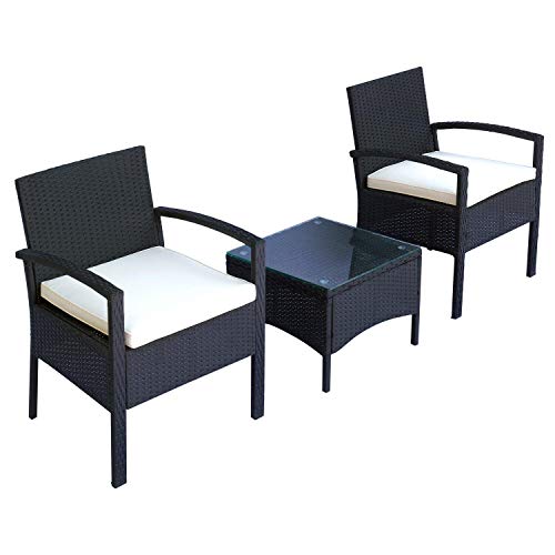 miozzi Set Salotto da Giardino 2 Poltroncine e Tavolino con Cuscini Rattan Sintetico Nero