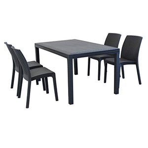 MilaniHome Set Tavolo da Giardino Rettangolare Fisso Cm 150 X 90 con 4 Sedie in Wicker Stampato Antracite da Esterno Giardino