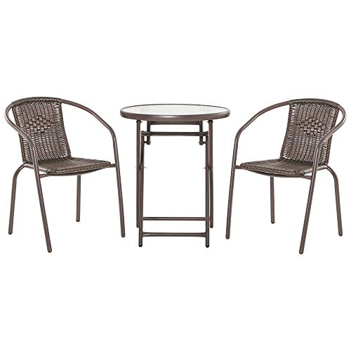 Outsunny Set Tavolo Pieghevole e 2 Sedie da Giardino in Acciaio e Rattan PE, Arredamento da Esterno da 3 Pezzi Marrone