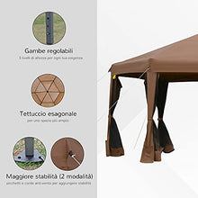Outsunny Gazebo da Giardino Pieghevole con Zanzariera, Struttura Esagonale Acciaio e Poliestere, 3.6x3.6x2.6m Marrone