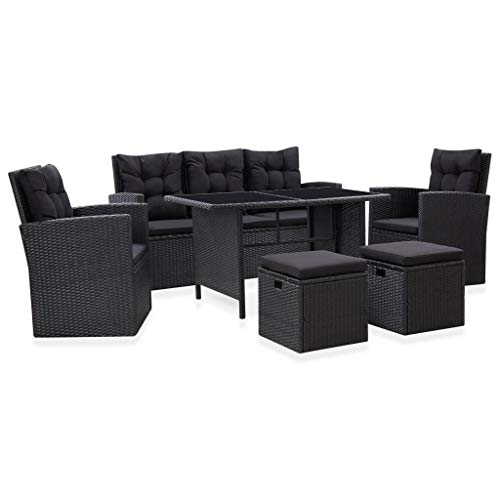 Tidyard Set Divani da Giardino, Set Divano Esterno con Cuscini in Polyrattan Nero 6 pz