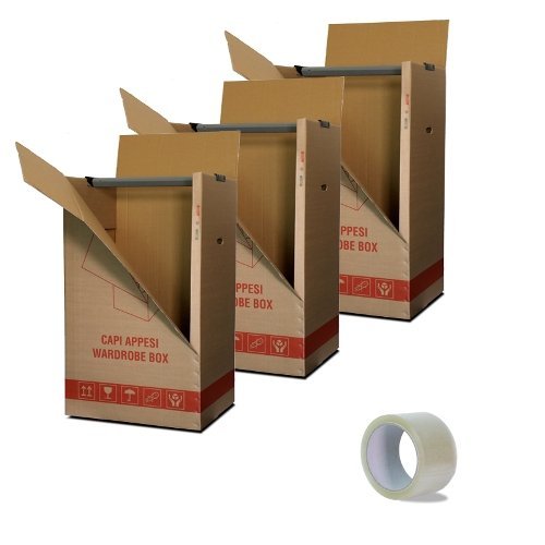 IMBALLAGGI 2000 - Scatole Cartone Porta Abiti con Barra Appendiabiti - 50x50 cm h 120 cm - Scatoloni per Trasloco Armadio - 3 Pezzi + 1 Nastro Adesivo Omaggio