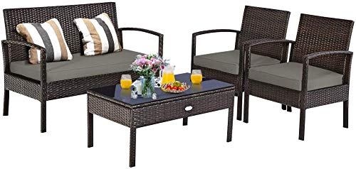 YRRA 4-PCS Wicker Patio Conversation Set di mobili in Rattan all'aperto Sedia e Set da Tavolo Set da Tavolo Set di mobili con tavolino e Cuscini Lavabili (1 Nero)-1_Marrone