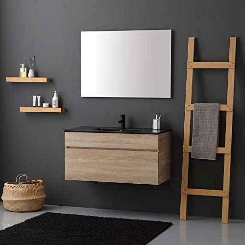 Kiamami Valentina MOBILE BAGNO SOSPESO 100CM QUERCIA NATURALE CON LAVABO NERO OPACO | SOLE