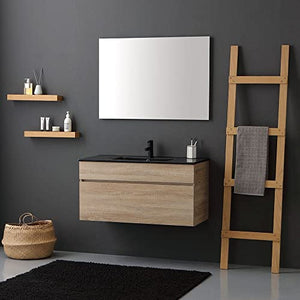 Kiamami Valentina MOBILE BAGNO SOSPESO 100CM QUERCIA NATURALE CON LAVABO NERO OPACO | SOLE