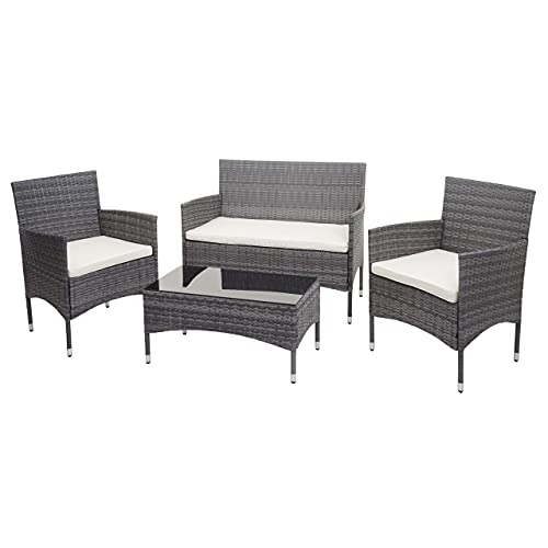Mendler Salottino da Esterno Giardino HWC-F55 polyrattan Grigio con Cuscini Avorio
