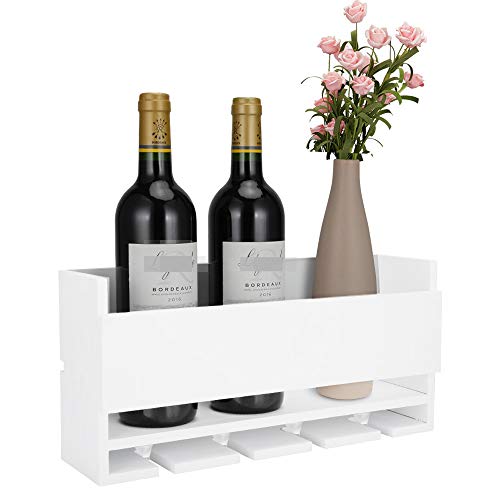 Vencipo Portabottiglie Vino Legno per 4 Calici Vino Rosso Organizer, Mensole da Muro Design per Cantinetta Vino, Bianca Scaffale Legno Vino Accessori per Sala da Pranzo, Camera da Letto e Cucina.