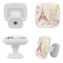 Set di 4 maniglie rotonde per armadio da cucina, credenza, cassettiera, cassettiera, con viti, per cucina, comò, armadietto, bagno, guardaroba, vintage, retrò, Torre Eiffel di Parigi, biciclette