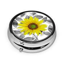 Contenitore rotondo per pillole con girasole e foglie, 3 scomparti, in metallo, per medicina e vitamina
