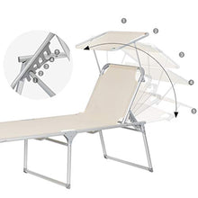 SONGMICS Lettino Prendisole Grande, Sdraio Pieghevole, 65 x 200 x 48 cm, Max Portata 150 kg, con Parasole e Schienale Reclinabile, per Giardino Terrazzo Balcone, Beige GCB26BE