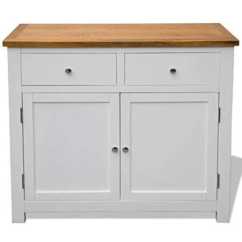 Credenza in legno massiccio con 2 cassetti e 2 ante, cassettiera per sala da pranzo, soggiorno, camera da letto, 90 x 33,5 x 83 cm, marrone e bianco
