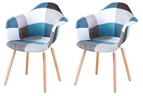 Poltrona da Pranzo Patchwork Multicolore con Gambe in Legno Massello per Cucina Soggiorno Sala da Ufficio Ingresso Reception Sala d'attesa Blu+ Grigio + Nero Set di 2