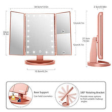 WEILY Specchio di Vanity Trifold dello specchio di trucco illuminato con l'ingrandimento di 1X/2X/3X, le notti naturali del LED, lo schermo di tocco, lo specchio caricabile (Oro Rosa)
