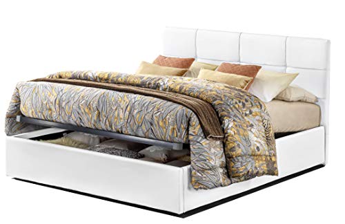SARDAMATERASSI-Letto matrimoniale con box contenitore elegante e moderno in similpelle bianco comodo e pratico facile da pulire(materasso non incluso)