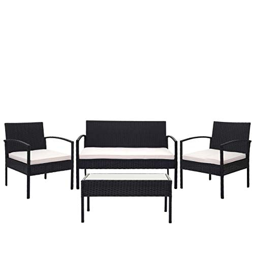 Mendler Salottino da Esterno Giardino HWC-F56 polyrattan - Nero con Cuscini Avorio