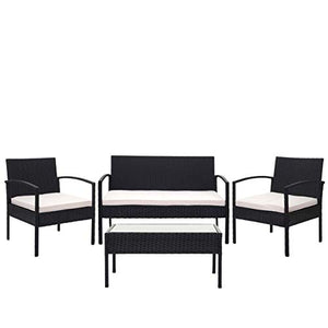 Mendler Salottino da Esterno Giardino HWC-F56 polyrattan - Nero con Cuscini Avorio