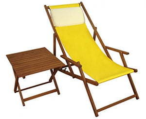 Erst-Holz Solida Sedia a Sdraio Gialla da Spiaggia in Faggio con Cuscino Beige e tavolino10-302TKH