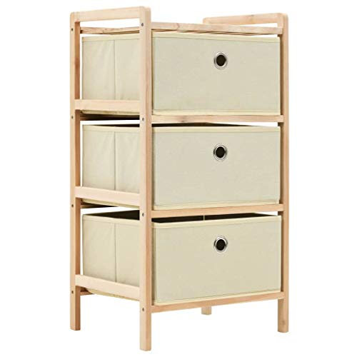 FAMIROSA Mobiletto Stoccaggio Legno di Cedro e 3 Cesti in Tessuto Beige