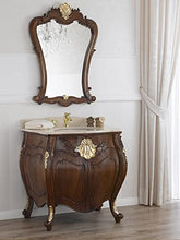 Simone Guarracino Luxury Design Comò e specchio Anderson stile Barocco Inglese arredo bagno bombato noce e foglia oro marmo crema pomelli Crystal Sw