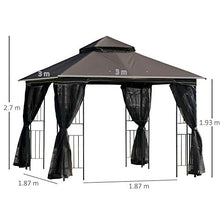 Outsunny Gazebo da Giardino 3x3m con Zanzariera e Tetto a 2 Livelli, Mensole Laterali e Ganci, caffè