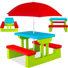 COIL C0325-GREEN - Tavolo da picnic colorato per bambini, tavolo da giardino, panca, sedia e ombrello