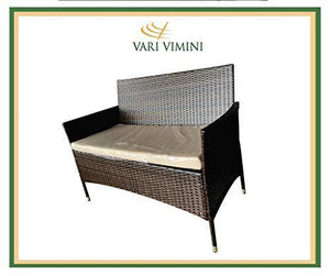 Varì Vimini - Salotto Principe da giardino in Metallo e Polyrattan colore marrone. Composto da divano 2 posti con cuscino, 2 poltrone con cuscini e un tavolino in vetro e polyrattan - Arredi Casa