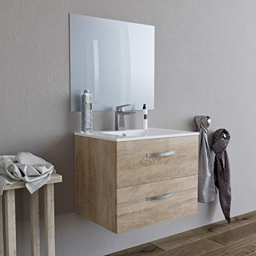 Mobile bagno SOSPESO 60 cm con lavabo in ceramica e specchio con cassetti ROVERE CHIARO LINDA 8260