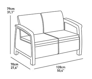 Keter Corfu Lounge Set, Mobili da Giardino con Divano 2 Posti, 2 Poltrone e Un Tavolino con Cuscini, Grafite, 50X168X75 Cm
