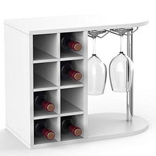 BAKAJI Scaffale Cantinetta Bottiglie Vino Liquori da Parete o Tavolo, Struttura in Legno Cantina con 2 Ripiani 8 Posti Portabottiglie e Rastrelliera Porta Calici in Metallo 42x52x28 cm (Bianco)