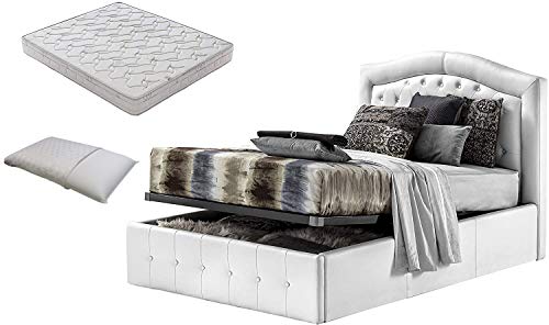 SARDAMATERASSI-Letto piazza e mezza con box contenitore bianco designe + materasso piazza e mezza 120x190 memory foam+coppia guanciali in fibra 3D