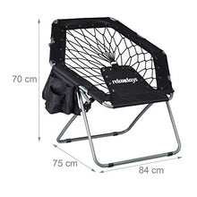 Relaxdays Webster, Max, Tasche Laterali Sedia Bungee, Camping Chair Pieghevole, 70 x 84 x 75 cm, Poltrona Elastica, Fino 100 kg, Portaoggetti, Nero, hxlxp