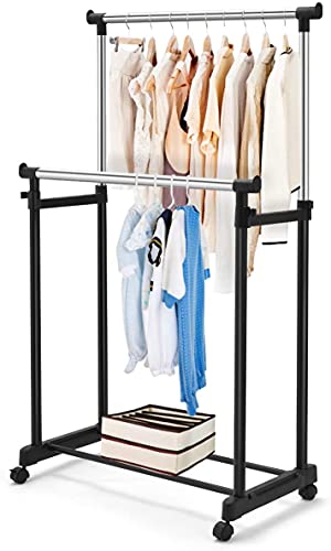 COSTWAY Stand Appendiabiti Multiuso in Metallo, Porta Abiti con Ruote, Appendiabiti Doppio con Altezza Regolabile, 86x43x94-168 cm