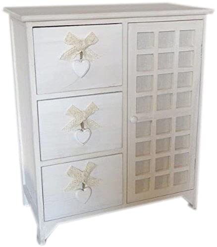 King Home C656121 Cassettiera 3 Cassetti con Cuore + Anta Washed in Legno di Paulownia, Bianco