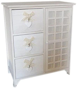 King Home C656121 Cassettiera 3 Cassetti con Cuore + Anta Washed in Legno di Paulownia, Bianco