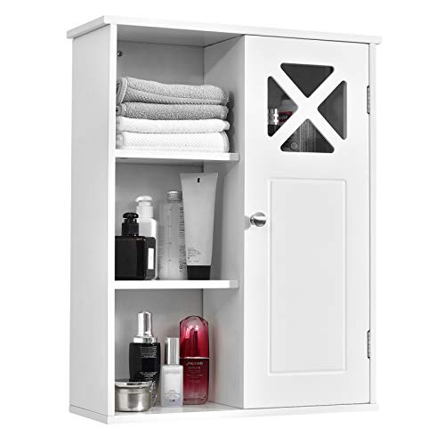 COSTWAY Armadietto da Parete, Mobiletto da Bagno a Muro con Ripiano Regolabile, Bianco, 61 x 48 x 17,5 cm