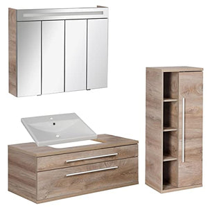 FACKELMANN - Set di mobili da bagno Stanford, 4 pezzi, con mobiletto da appendere e lavabo in ceramica, 110 cm, con specchio a LED