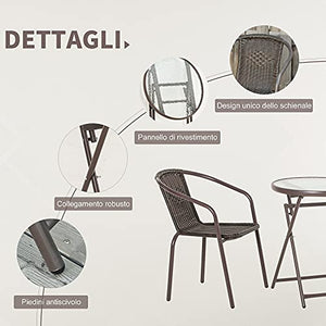 Outsunny Set Tavolo Pieghevole e 2 Sedie da Giardino in Acciaio e Rattan PE, Arredamento da Esterno da 3 Pezzi Marrone