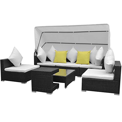 SKM Set Divani da Giardino 7 pz con Tettoia in Polyrattan Nero