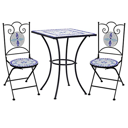 Qnotici 3 Parti Set bistrot Tavolo da Giardino Set da Giardino Set da Balcone mobili da Giardino per Balcone terrazzo Mosaico Ceramica Blu e Bianco